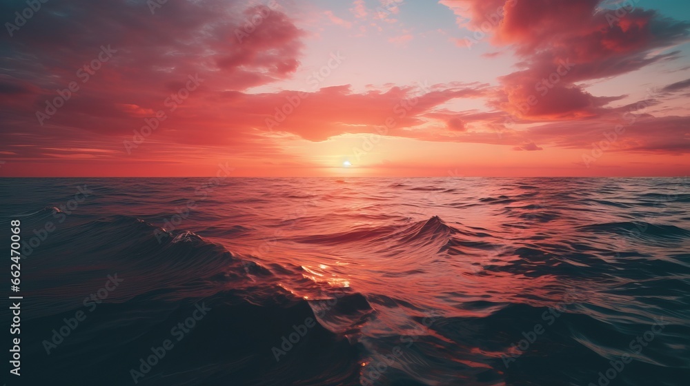 The sun is setting over the ocean with waves