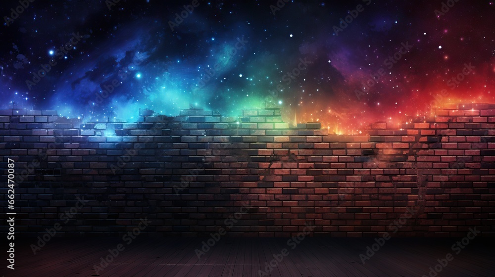 Obraz premium a room with a brick wall and a colorful galaxy in the background. generative ai