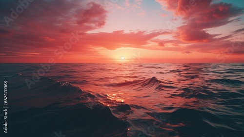 The sun is setting over the ocean with waves