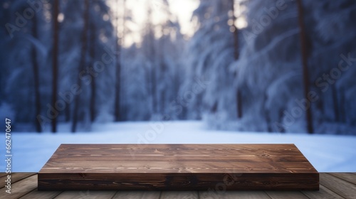 Wooden surface for product display montages with winter forest background