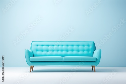Minimalist Marvel Studio shot of a sky blue sofa on a carpet isolated on white background