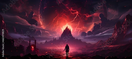 Digital art painting in rough style about huge red monster with human standing infront of it