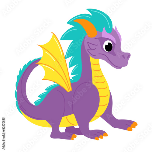 Cute violet dragon. Child dragon persona. Cartoon modern style vector illustration.