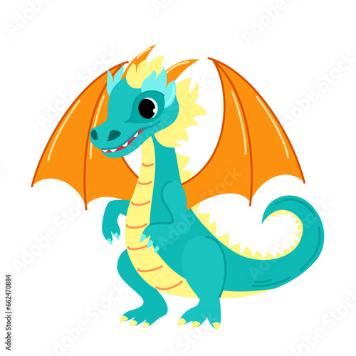 Cute green dragon. Child dragon persona. Cartoon modern style vector illustration.