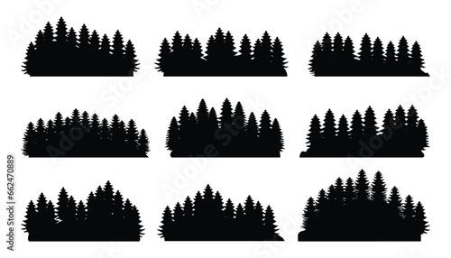Silhouettes of pine trees lined up. Vector illustrations