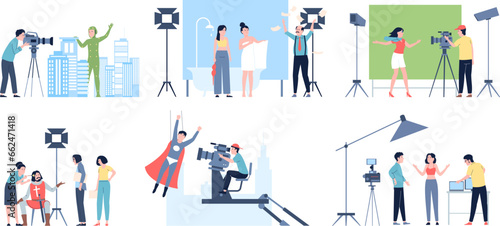 Movie shooting process. Filmmaking team and actors. Film production process, actress on camera and angry director