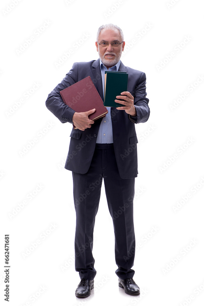 Old businessman holding books isolated on white Old businessman holding books isolated on white