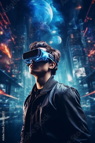 man with virtual reality glasses in a trippy futuristic environment