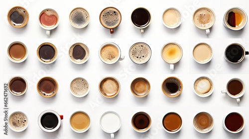  a group of different types of coffees on a white surface. generative ai