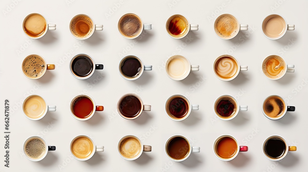  a bunch of cups of different types of coffee on a table.  generative ai