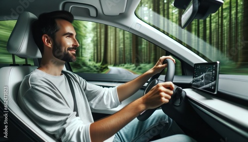 Close-up photo of a Caucasian man driving his electric vehicle with a sense of calm and enjoyment.