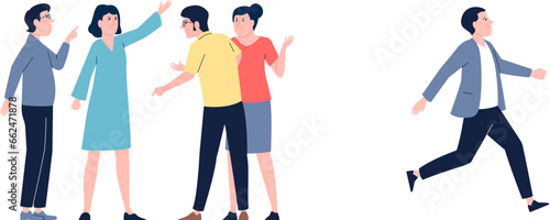 Man run from negative people. Angry group and happy guy, office team concept. Gossip corporate workers and discussion, recent vector flat vector scene
