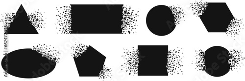 Shape explosion, frame exploded and spray particles. Black square, circle and triangle exploding. Shatter plastic, broken surface racy vector set