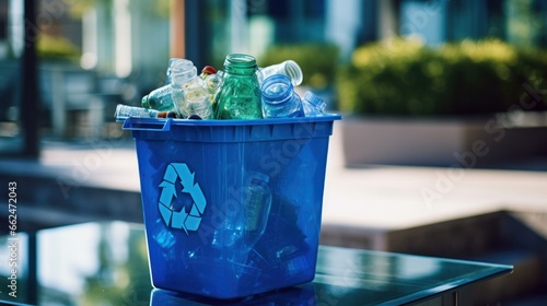 A blue recycle bin, brimming with papers, plastic, and glass, advocating the frequent use yet implying the need for more recycling efforts. photo