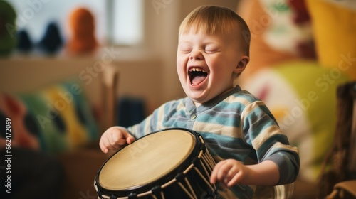 A boy with Down Syndrome joyfully playing a tambourine photo