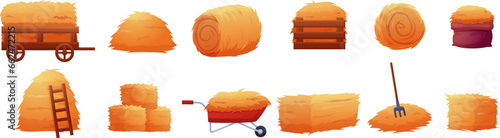 Hay piles and biles isolated on white. Yellow cartoon haystacks, seasonal agriculture time. Autumn harvest, farming and nowaday countryside vector set