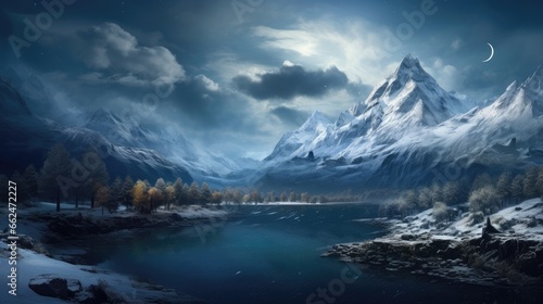 Winter landscape with a lake and mountain peaks in the background
