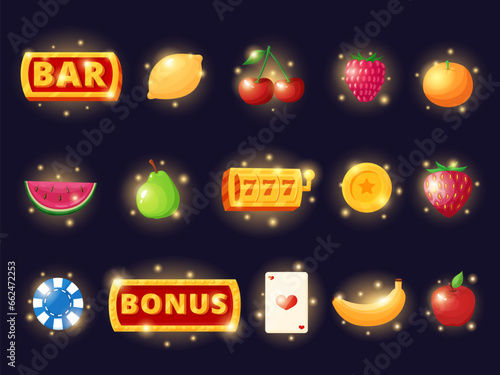 Casino slot icons. Digital gambling app, ui ux design icon. Virtual games signs, user bar buttons. Victory and cherries, bonus nowaday vector collection