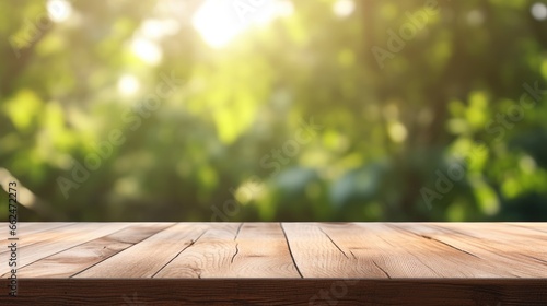 Empty Wooden surface for presentation with blurred garden background, mockup, Space for presentation product © masyastadnikova
