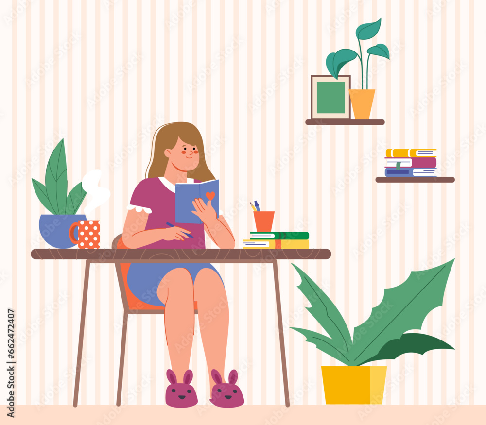 Young girl write. Teenager sitting on desk and writing diary or reading book. Studying process, student doing homework. Splendid vector concept Young girl write. Teenager sitting on desk and writing diary or reading book. Studying process, student doing homework. Splendid vector concept