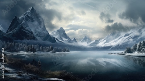 Winter landscape with a lake and mountain peaks in the background © Krtola 