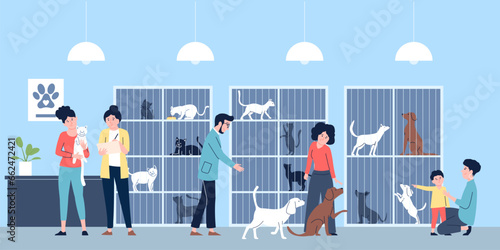 Family adoption pet in animal shelter. Choose your cat or dog, animals wait home. Kind men, women and children adopted pets, recent vector scene