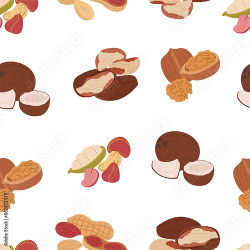 Seamless Pattern With Nuts. Almond, Walnut, Brazil And Peanut With Nutmeg. Pecan, Cashew, Pistachio And Chestnut