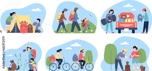 Friends travel adventures. Family hiking on nature, couple with backpack and on car. Outdoor healthy camping rest, recent vector scenes