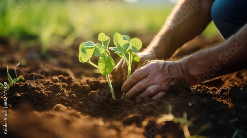 A farmer  hands in the soil  meticulously pulling weeds to ensure the surrounding crops thrive.