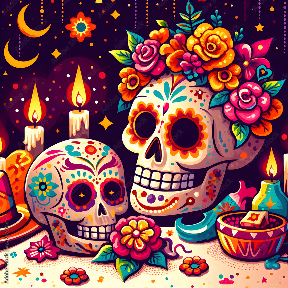 Day of the Dead Illustration with Marigold Flowers, Sugar Skulls and Candles, Generative AI
