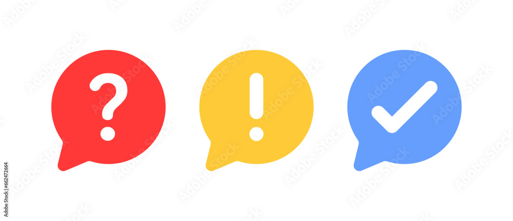 question mark, information and check mark in speech bubble icon - exclamation mark, warning notification signs dialogue bubbles frame - message box with support, ask, help, faq, info, icon - obrazy, fototapety, plakaty 