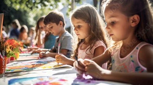 A group of children concentrating intently, brushes in hand, creating colorful paintings on a sunny afternoon. photo