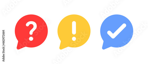 question mark, information and check mark in speech bubble icon - exclamation mark, warning notification signs dialogue bubbles frame - message box with support, ask, help, faq, info, icon