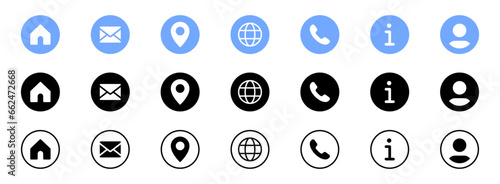 Contact us icon. Web icons set , home, address, location, map, pin, chat, message, mail, envelope, globe, world, call, phone, telephone, profile, user, website, icon, signs. communication contact icon