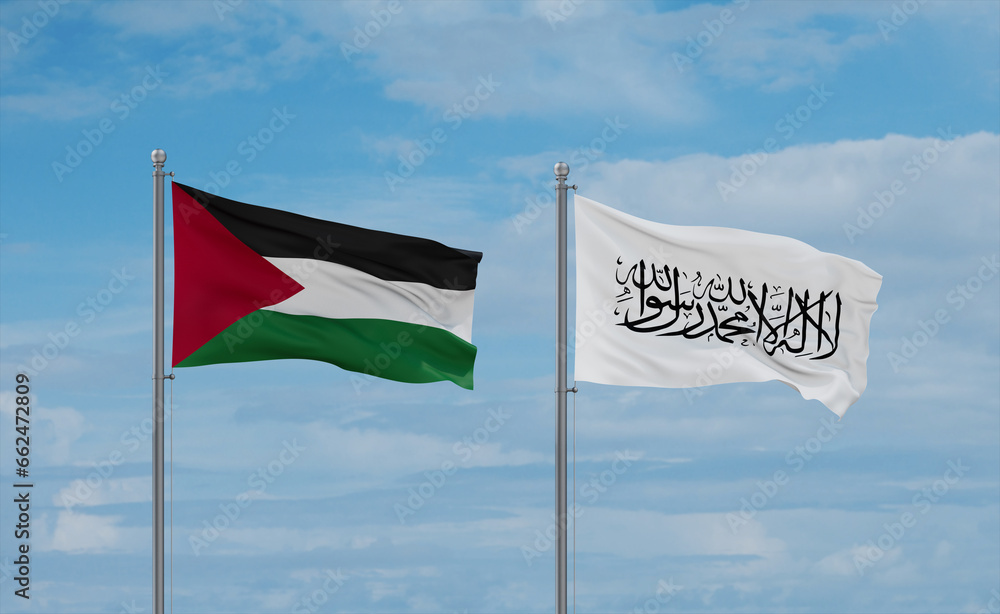 Palestine and Gaza Strip and Afghanistan national flags, country relationship concept Palestine and Gaza Strip and Afghanistan national flags, country relationship concept