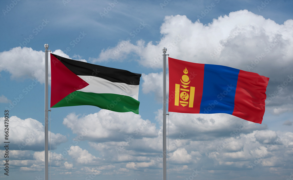 Mongolia and Palestine and Gaza Strip flags, country relationship concept Mongolia and Palestine and Gaza Strip flags, country relationship concept