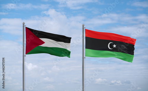 Photos Libya and Palestine and Gaza Strip flags, country relationship concept