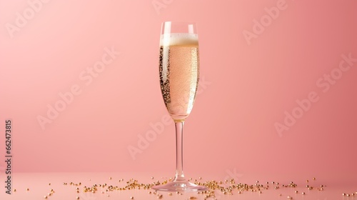  a champagne glass filled with champagne and gold flakes on a pink background. generative ai