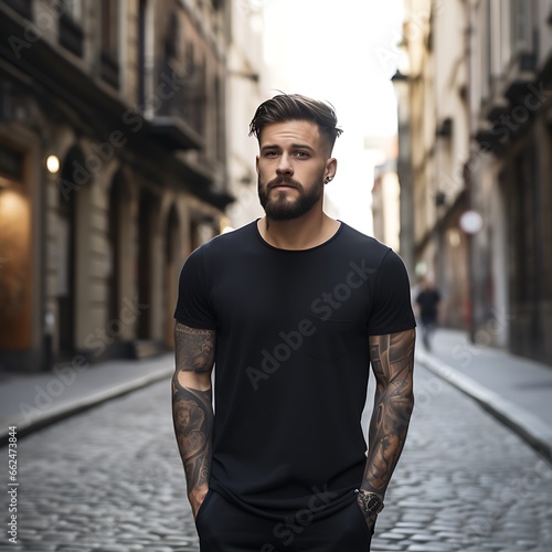Handsome young man with tattooed arms in black t-shirt.