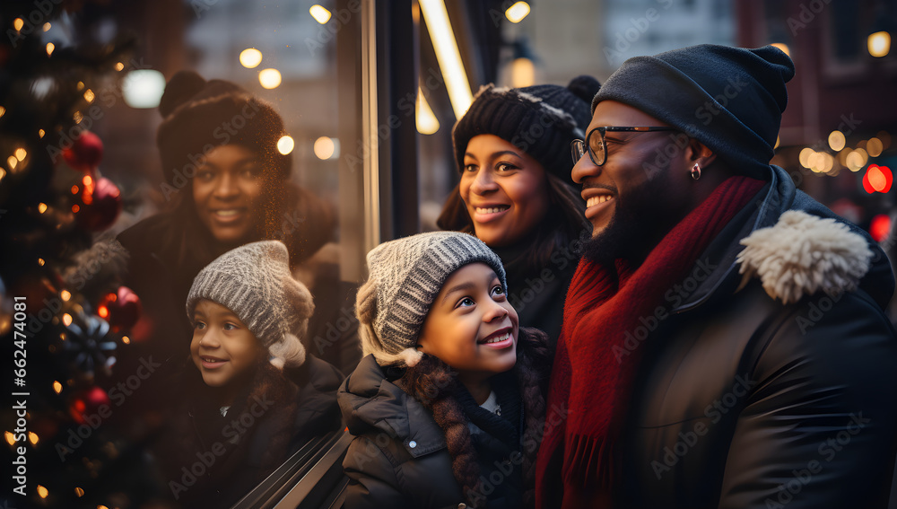 Fototapeta premium Festive African American family in eyeglasses enjoying window shopping at Christmas market