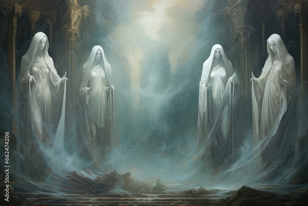 Ethereal mist guardians, protecting sacred sites with their veiled presence - Generative AI - obrazy, fototapety, plakaty 