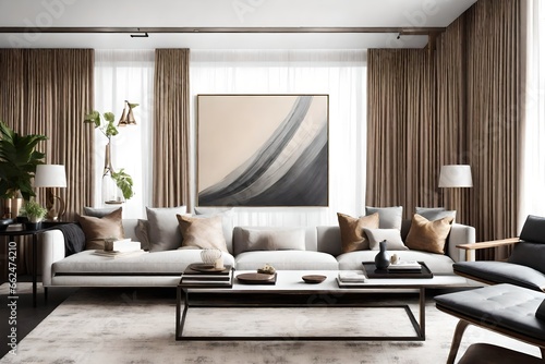 A Canvas Frame for a mockup placed centrally in a modern living room, its details impeccably captured, from the fabric weave of the nearby drapes to the glossy sheen of a lacquered coffee table below photo