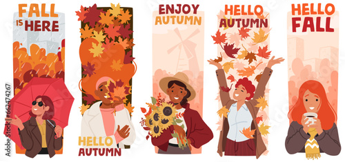 Autumn Girls Embracing The Season With Cozy Sweaters, Warm Hues And Vibrant Leaves, Flowers And Umbrella