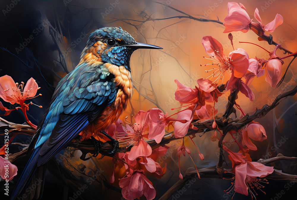 Fototapeta premium Scaly-breasted hummingbird feeding on flowers. Created with Generative AI
