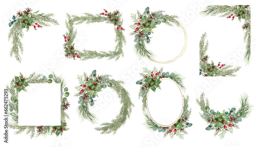 Christmas border, floral frame set. Holiday greeting card template. Elegant wreath, holly berries, spruce, eucalyptus leaves. Green red. Watercolor winter greenery illustration, transparent background