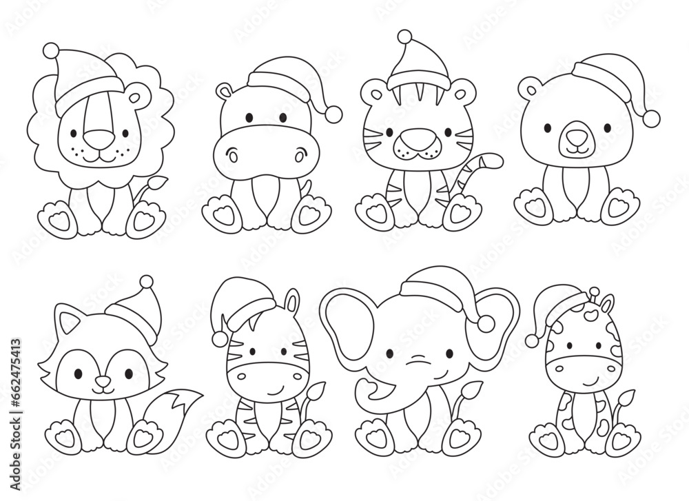 Christmas wild baby animals wearing Santa hat outline drawing vector illustration. Cute holiday animals line art vector with live stroke. Christmas wild baby animals wearing Santa hat outline drawing vector illustration. Cute holiday animals line art vector with live stroke.