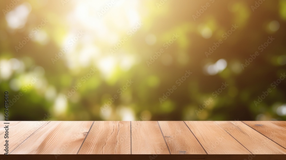 Empty Wooden surface for presentation with blurred garden background, mockup, Space for presentation product Empty Wooden surface for presentation with blurred garden background, mockup, Space for presentation product