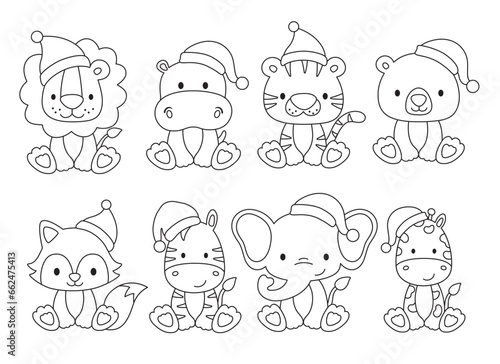 Christmas wild baby animals wearing Santa hat outline drawing vector illustration. Cute holiday animals line art vector with live stroke.