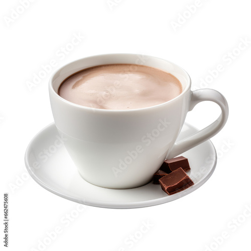 Hot chocolate drink with white cup isolated on transparent background.