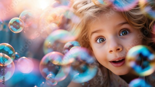 A little girl delighting in blowing oversized bubbles, her eyes wide with wonder at the iridescent orbs.